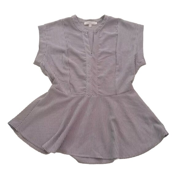 Monteau Los Angeles Womens XL Gray White Striped Seersucker Peplum Blouse - Picture 1 of 5